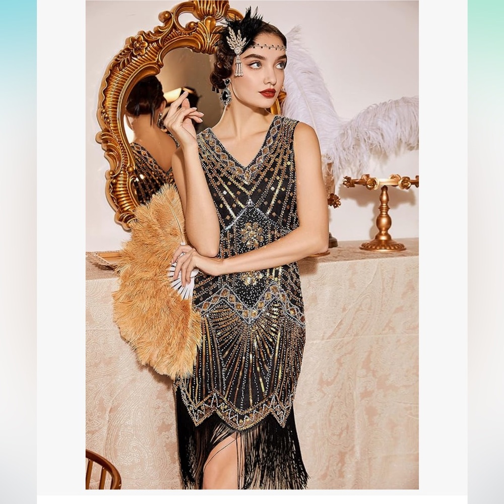 Elegant Black and Gold Beaded Flapper Dress